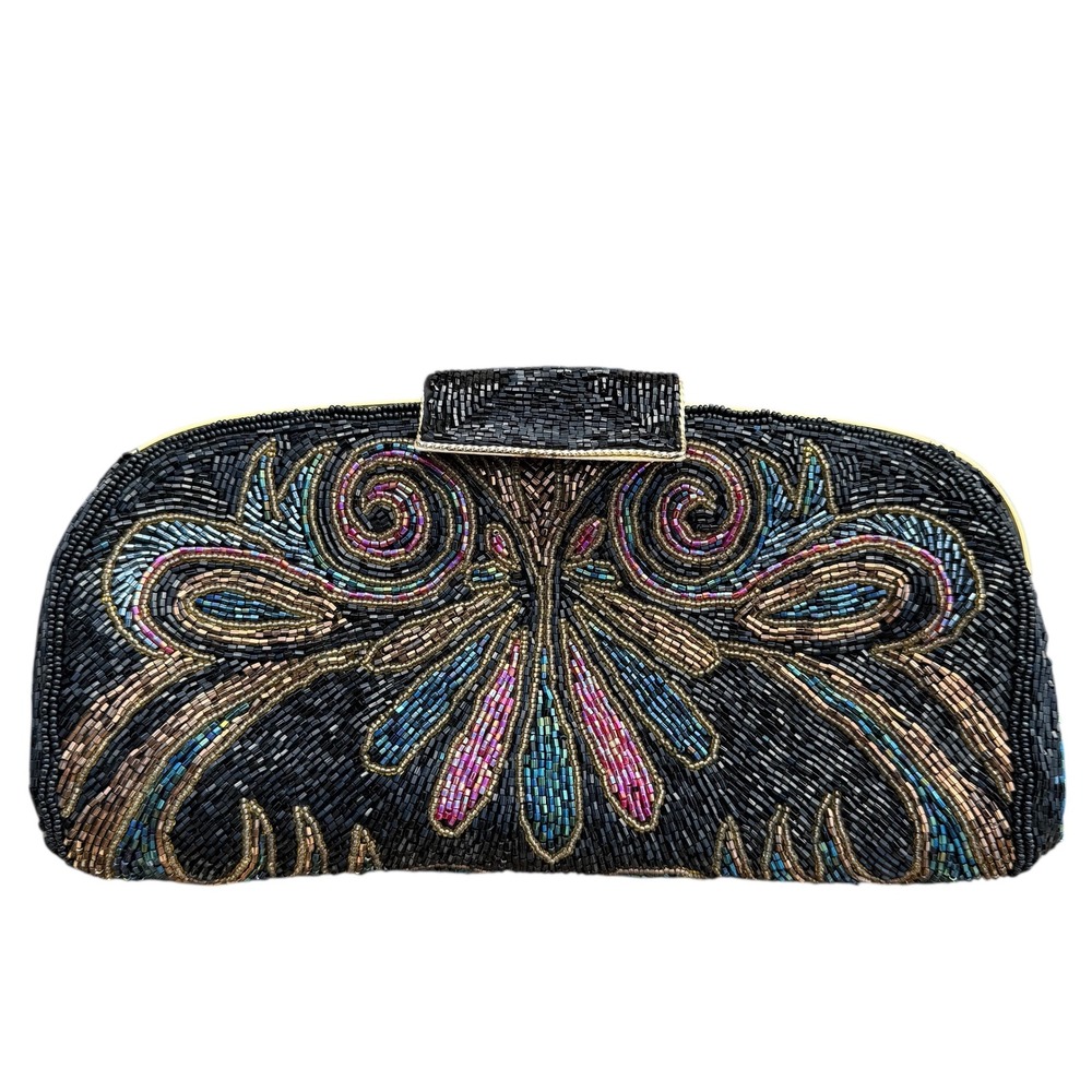 Regale Ltd Black Beaded Clutch Evening Bag Gold‎ Accents Chain Strap